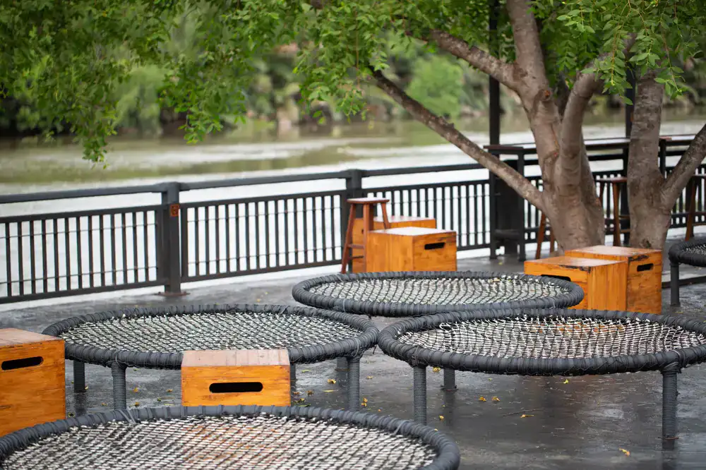 Spacious park cafe overlooking the trampoline courts